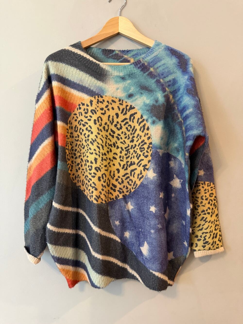 Celestial Starry stripes & Leopard Mix Oversized Cozy Wool Blend Sweater Size M